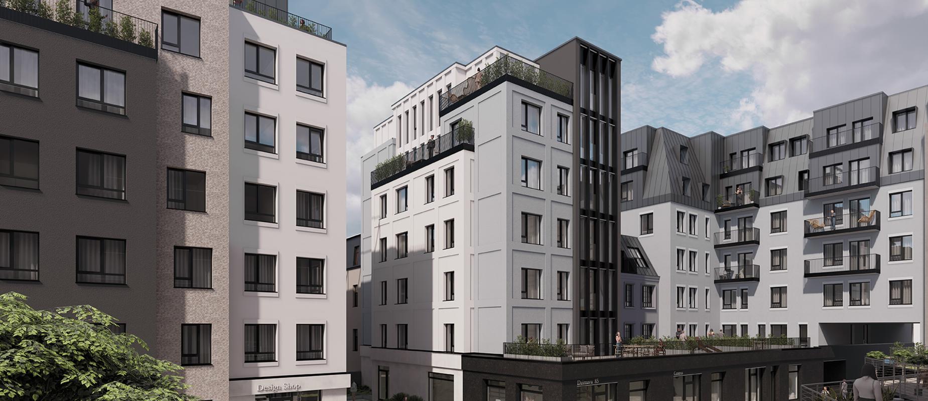 CENTRUS jaunās ēkas, redzamas no promenādes puses, ar modernu arhitektūru un labiekārtotu vidi Rīgas centrā.