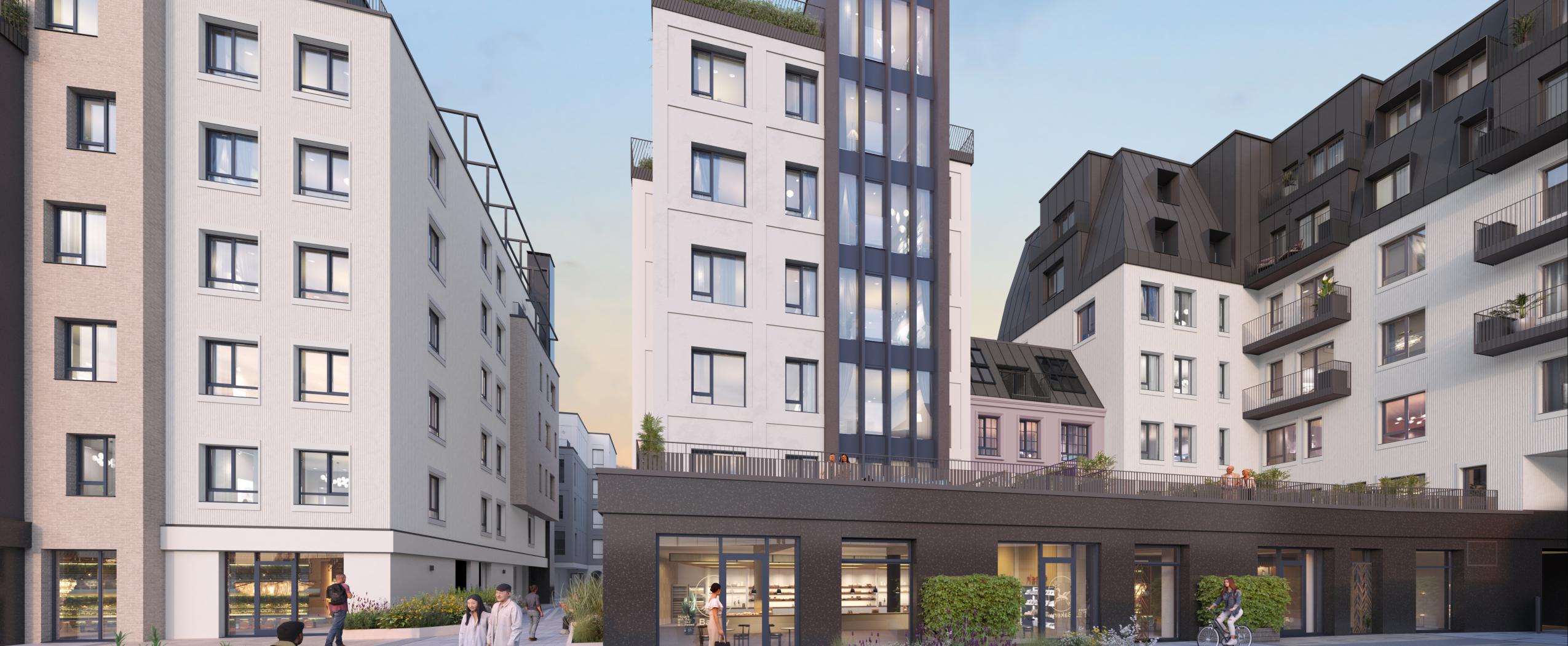 CENTRUS new buildings seen from the promenade side with modern architecture and landscaped surroundings in central Riga.