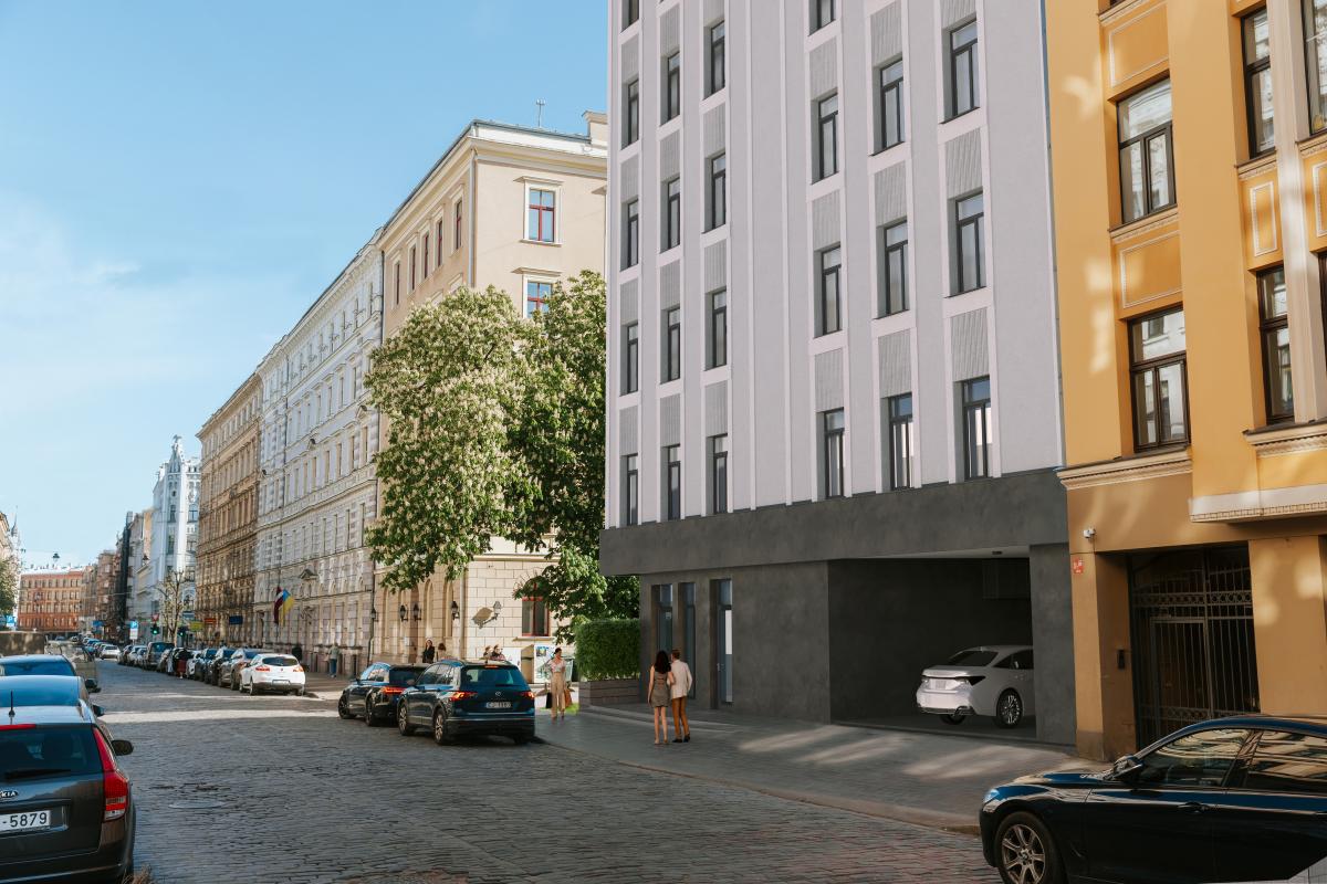 CENTRUS jaunā 11 dzīvokļu ēka Blaumaņa ielā, redzama no ielas puses Rīgas centrā.