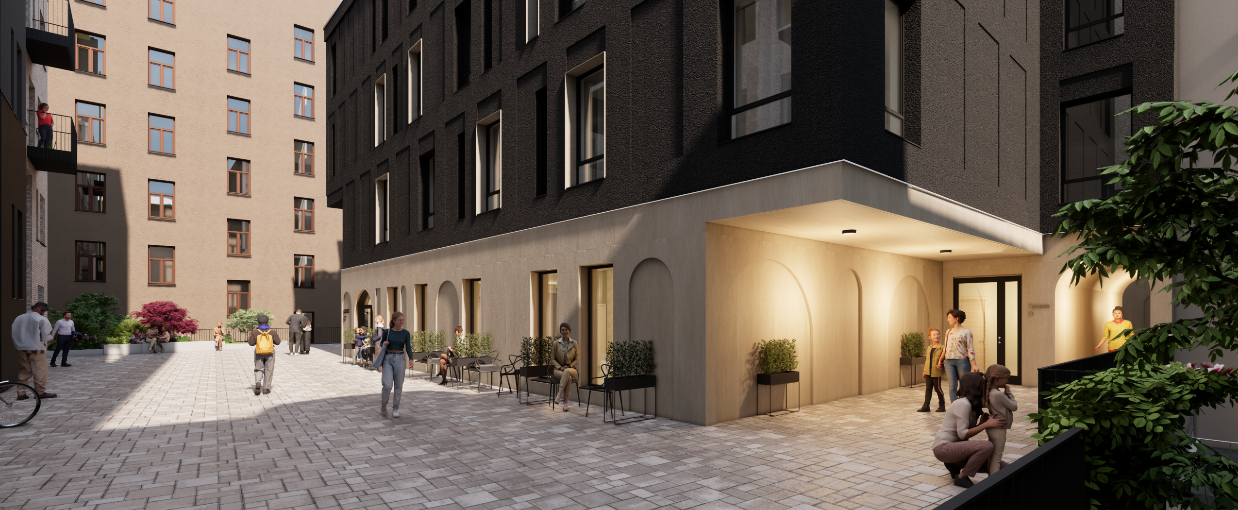 CENTRUS new buildings seen from the promenade side with modern architecture and landscaped surroundings in central Riga.