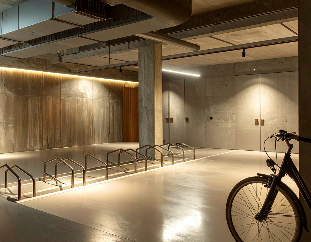 CENTRUS kvartāla ēku koplietošanas telpu skats ar mūsdienīgu dizainu un ērtībām iedzīvotājiem Rīgas centrā.